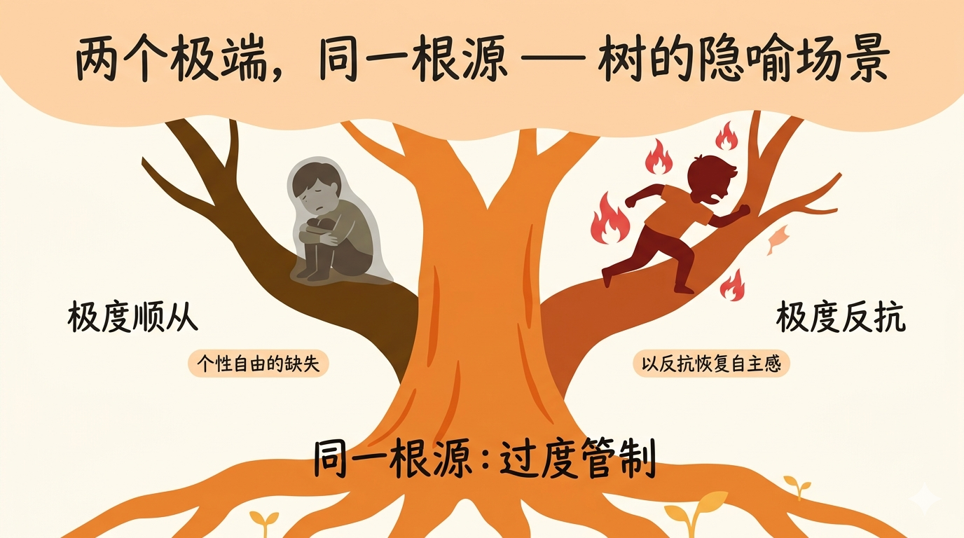两个极端同一根源——过度管制的树分出顺从与反抗两枝